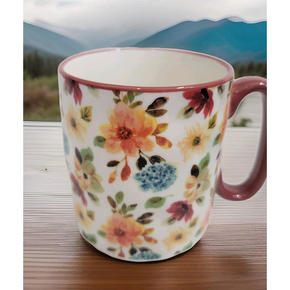NEW! Fall‎ Dark Autumn Florals AOP Burgandy Trim Coffee Mug 10 Strawberry Street